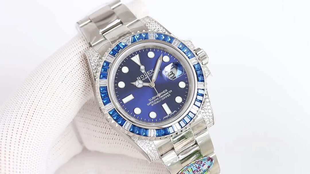 Rolex Submariner Watch Blue Set With Diamonds Men
