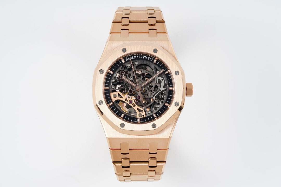 NO:156954,Produced by SJ GR Audemars Piguet AP Royal Oak Offshore A 15407ST.OO.1220ST.01 Men's mechanical watch Calibre 3132 integrated movement, 41mm diameter, 9.9mm thick dark gray dial shape round dial Material hollow dial, matched with rose gold fluorescent three-dimensional hour marker and Royal Oak pointer mirror Material anti-glare processing sapphire crystal glass watch mirror crown material stainless steel, screw-in crown back transparent back, anti-glare sapphire glass mirror. S1 exquisitely recommended men's mechanical watch, audemars19860909SJ出品 GR爱彼 AP 皇家橡树离岸型 A 15407ST.OO.1220ST.01男士机械腕表 Calibre 3132一体机芯,41mm直径,厚度9.9mm深灰色表盘形状圆形表盘 材质镂空表盘,搭配玫瑰金荧光立体时标和皇家橡树指针表镜 材质防眩光处理蓝宝石水晶玻璃表镜表冠材质精钢,旋入式表冠背透背透,防眩蓝宝石玻璃镜面.S1精致推荐男士机械腕表,,audemars,Watch