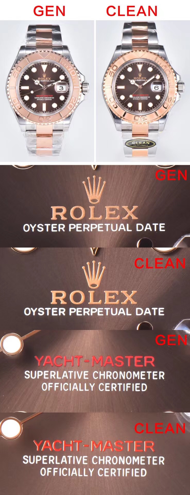 NO:142812,Production of Factory C Factory C Rolex ROLEX Yacht Series 40mm Mk1, reverse-adjustable clock hand, callback calendar, 126621 latest version, new 904L steel belt with no white exposed on the side, high-end customization, full of high-end sense, restore the genuine yacht 40mm series, rose gold, rose gold, coffee plate, rose gold, black plate, PS Black plate is the same as the 126655 40 full rose gold plate that was released before, so I will not make a comparison of the authenticity this time. This time, it is mainly aimed at the authenticity of the rose gold coffee plate. 1. Left/right GEN=Real product  clean=clean factory product 2. Because the color difference of the brown surface appears to be a bit large in the soft box, but in natural light, the similarity is as high as 95, and natural light will be emitted later. 3. The brown surface on the right, the brown surface is slightly lighter than the genuine product. Of course, the characteristic of the radiation pattern disc is that the colors appear under different lights. To be precise, the RGB color value will not be too large in overall deviation. Because the C factory uses the entire radiation pattern dial, such as the water ghost plate, various log plates, and this yacht plate, which involves color radiation patterns, all adopt the PVD electroplating process that is consistent with the authentic product. The advantage is that  It ensures that the color of the shipment will not be different due to different batches. In addition, the coating is thin, so that the sun pattern on the bottom can be clearly seen. However, the cost is high. 4. The ring port is made of electroplated PVD rose gold   anti-fingerprint coating, and the ring port material is also changed to stainless steel, with steel hardness higher than that of ordinary copper. It is also full of effort in processing and cost. 5. The side of the strap is not exposed, with high-end customized quality, atmospheric and high-end, and matched with an all-in-one machine, and can be called back to the calendar!  Check the watch code 031E3869 watch button code E4F, quality assurance. Please check the best luxury gift recommendation for factory C clean exclusive quality, christian louboutin, rolex19860909C厂clean出品  C厂 劳力士 ROLEX 游艇系列40mm Mk1 正一体机,逆调时针,可回调日历,126621最新版本,全新904L钢带侧边不露白,高端定制, 满满的高级感,还原正版游艇40mm系列 间玫瑰金 间玫瑰金 咖啡盘 间玫瑰金 黑盘 ps 黑盘和之前出的126655 40全玫瑰金黑盘一样,之前已经拍过真假对比,所以本次就不在做真假对比.这次主要针对间玫瑰金咖啡盘做的真假对比. 1.左侧/右侧 GEN=真品 clean=clean厂产品2.咖啡色面因为在柔光箱中,显得色差有些大,但是在自然光线下,相似程度高达95以上,后面会放出自然光对比.3.右侧咖啡色面,c厂相较于真品而言咖啡色略浅一些,当然了,放射纹盘面的特点就是在不同的光线下呈现出的颜色不一样,准确说,RGB色值在一个基准上,整体就不会有太大的偏差.因为c厂在整个放射纹表盘上,例如水鬼盘,各种日志盘,以及本次游艇盘,涉及到彩色放射纹的,均采用同真品一致的pvd电镀工艺,优点就是 保证出货颜色不会因为批次不同,而色调上产生差异化.另外就是镀层薄,能够清晰看到底面的太阳纹路.但是就是成本高.4.本次圈口采用电镀pvd玫瑰金 防指纹镀膜,圈口材质也一般的黄铜更改为精钢材质,钢硬度高于一般铜材.也是在加工和成本上卯足了劲. 5.表带侧面不露白,高端定制品质,大气上档次,搭配一体机,可回调日历！认准腕表编码031E3869腕表表扣编码E4F,品质保证 送礼最佳奢华推荐请认准C厂clean独家品质,,christian louboutin,rolex,Watch