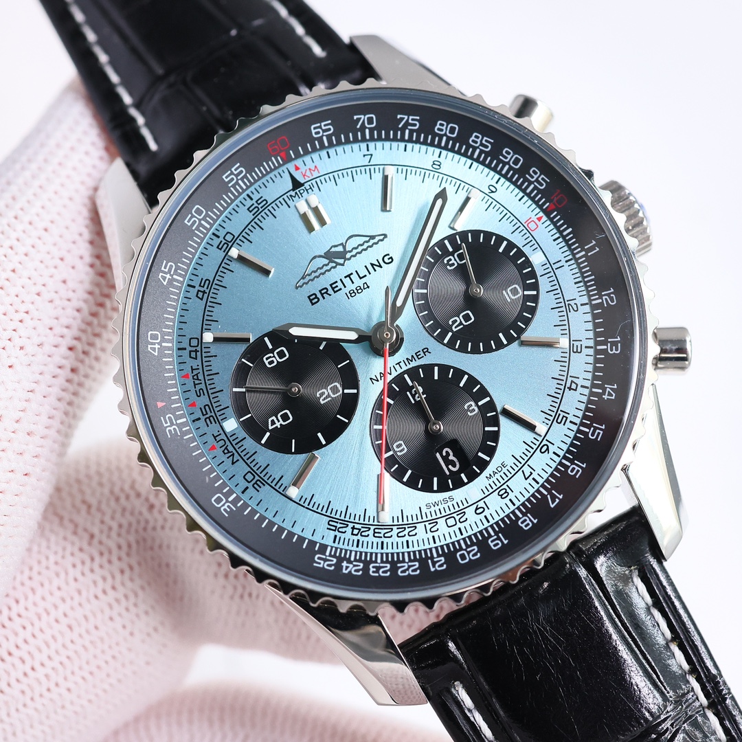 NO:143695,Breitling's new aviation chronograph (Navitimer) RW2 is 70th anniversary of its launch. Breitling rejuvenates the classic watch with bold colors. Size 43mm, multi-functional mechanical movement. It is undoubtedly an authentic aviation chronograph watch with a circular flight sliding ruler, rod-shaped scale, three small dials and grooved bezels, which enables easy grip. The new B01 movement S1 is exquisitely recommended for men's multi-functional mechanical watch, breitling19860909名匠瑞表出品  百年灵 全新航空计时腕表（Navitimer）RW2 问世70周年,百年灵以大胆色彩焕新演绎经典腕表.尺寸43mm,多功能机械机芯 迭代款无疑是地道的航空计时腕表,带有环形飞行滑尺、棒状刻度、三个小表盘和凹槽表圈,实现轻松握持,全新B01机芯 S1精致推荐男士多功能机械腕表,,breitling,Watch