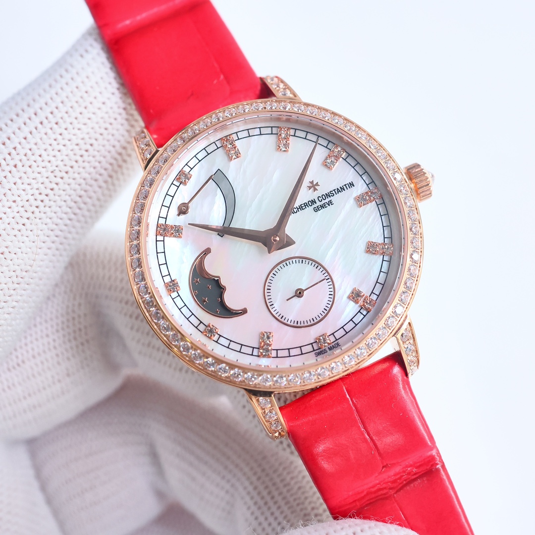 Vacheron Constantin Montre Or blanc Blanc Serti de diamants Femmes Cuir veau vache