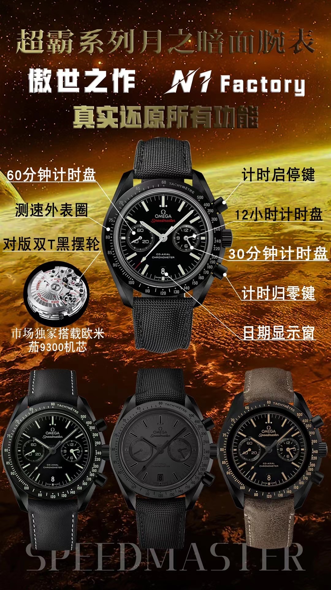 OMEGA Omega Speedmaster Zegarek Czarny Polerowanie Mężczyźni Nylon 9300 Movement