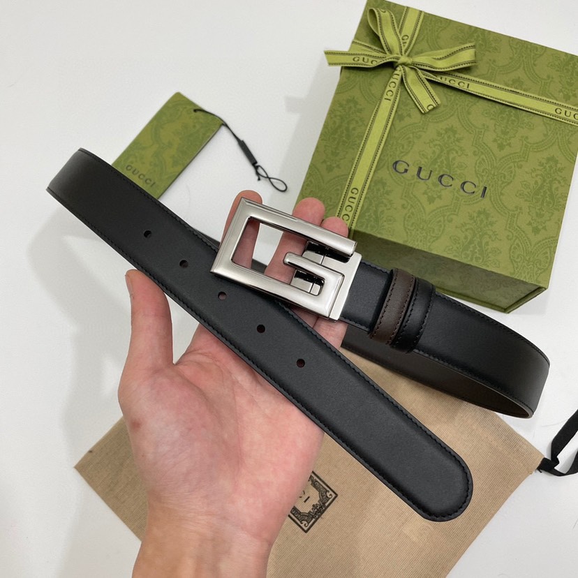 古驰Gucci简约双面小牛皮，黑棕双色细皮纹 宽3.5cm   旋转方形G字扣  双面可用/可裁剪