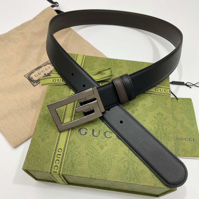 古驰Gucci简约双面小牛皮，黑棕双色细皮纹 宽3.5cm   旋转方形G字扣  双面可用/可裁剪