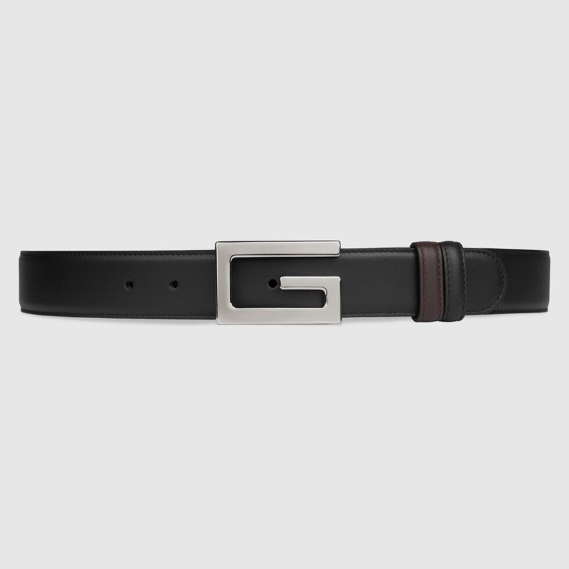 古驰Gucci简约双面小牛皮，黑棕双色细皮纹 宽3.5cm   旋转方形G字扣  双面可用/可裁剪