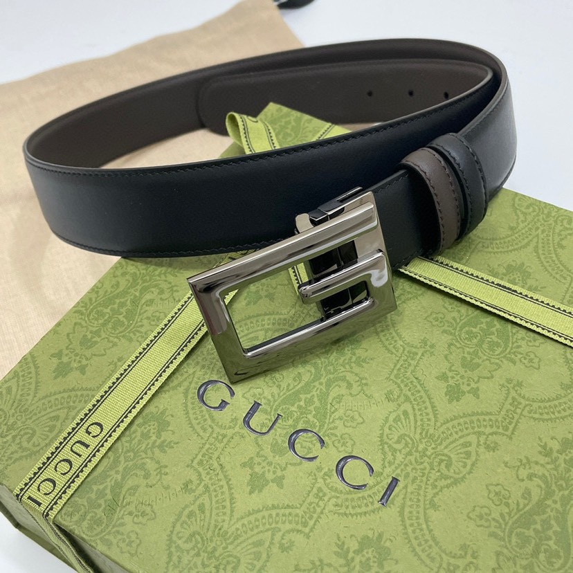 古驰Gucci简约双面小牛皮，黑棕双色细皮纹 宽3.5cm   旋转方形G字扣  双面可用/可裁剪