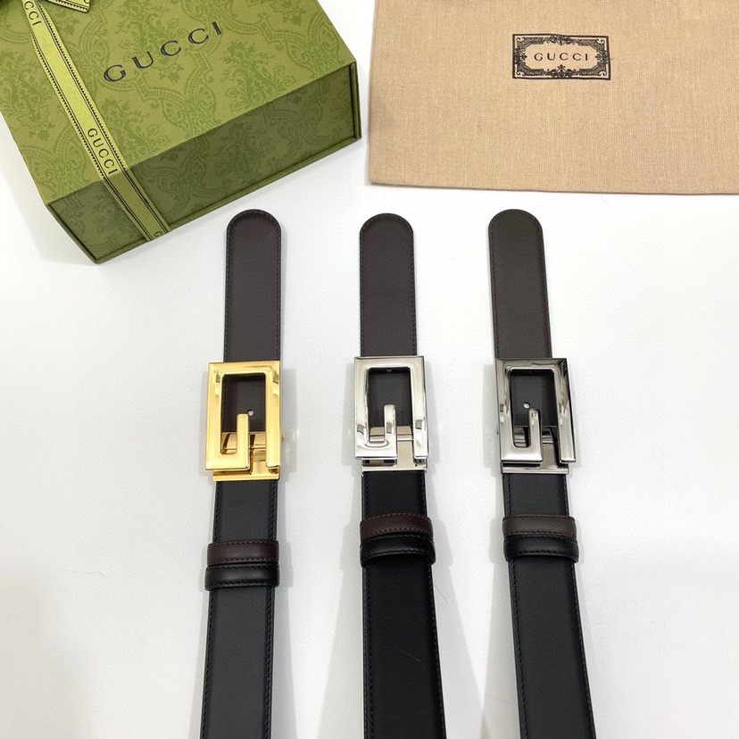 古驰Gucci简约双面小牛皮，黑棕双色细皮纹 宽3.5cm   旋转方形G字扣  双面可用/可裁剪