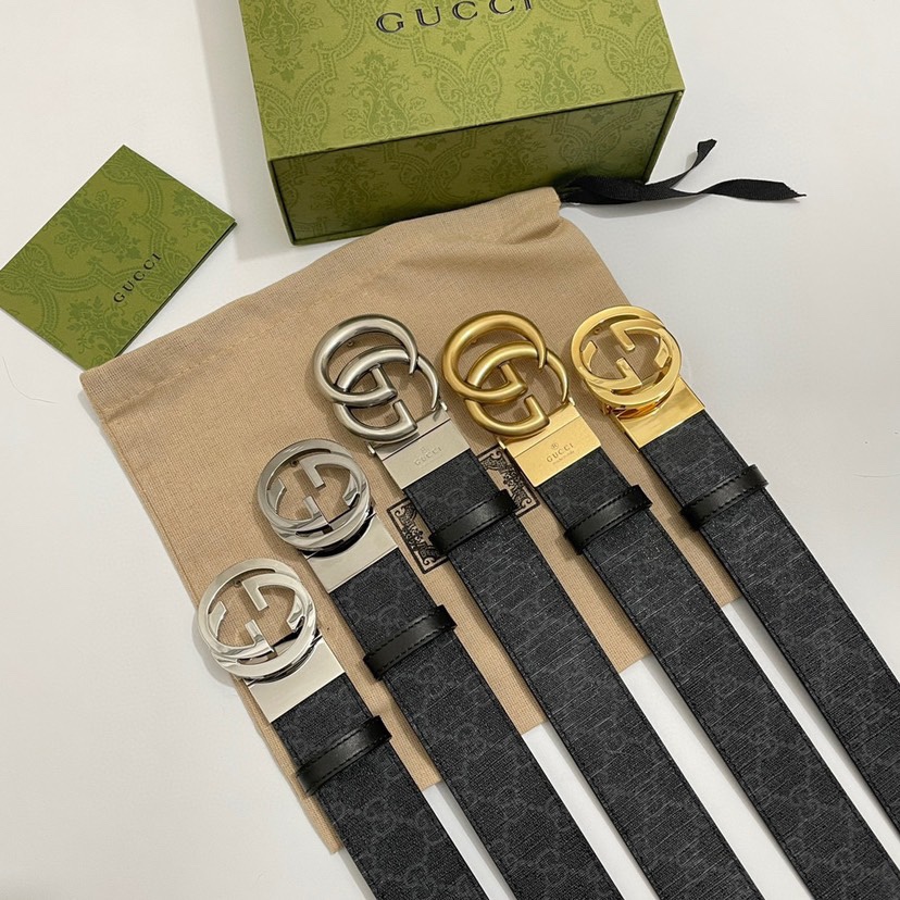 Gucci  92TIN 黑色Sueme C老花 小牛皮黑底 宽度3.7cm 复古GG旋转扣 双面可用/