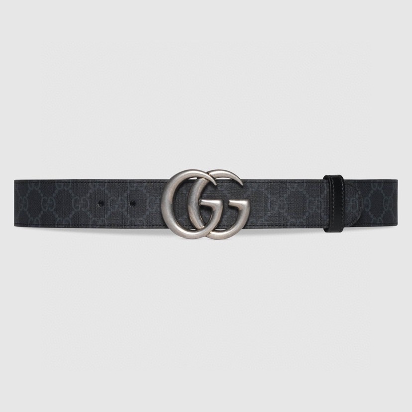 Gucci  92TIN 黑色Sueme C老花 小牛皮黑底 宽度3.7cm 复古GG旋转扣 双面可用/