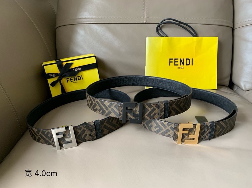 FENDI（芬迪）专柜新款 男款休闲正反双面用腰带 宽4.0cm 正面原版最新FF图案进口c材质 反面头