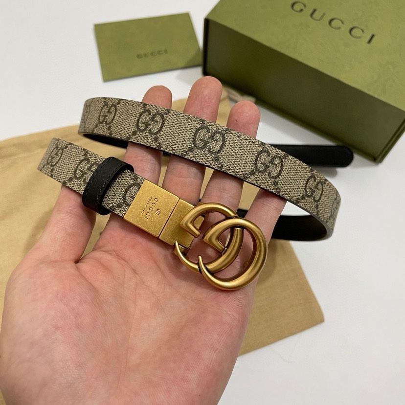 Gucci  92TIC细版2.0cm C老花小牛皮黑色底  原单旋转扣 双面可用/可裁剪