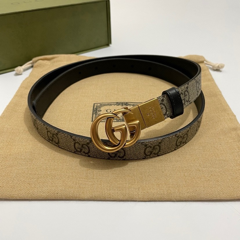 Gucci  92TIC细版2.0cm C老花小牛皮黑色底  原单旋转扣 双面可用/可裁剪