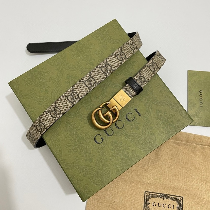 Gucci  92TIC细版2.0cm C老花小牛皮黑色底  原单旋转扣 双面可用/可裁剪