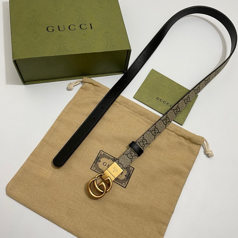 Gucci  92TIC细版2.0cm C老花小牛皮黑色底  原单旋转扣 双面可用/可裁剪