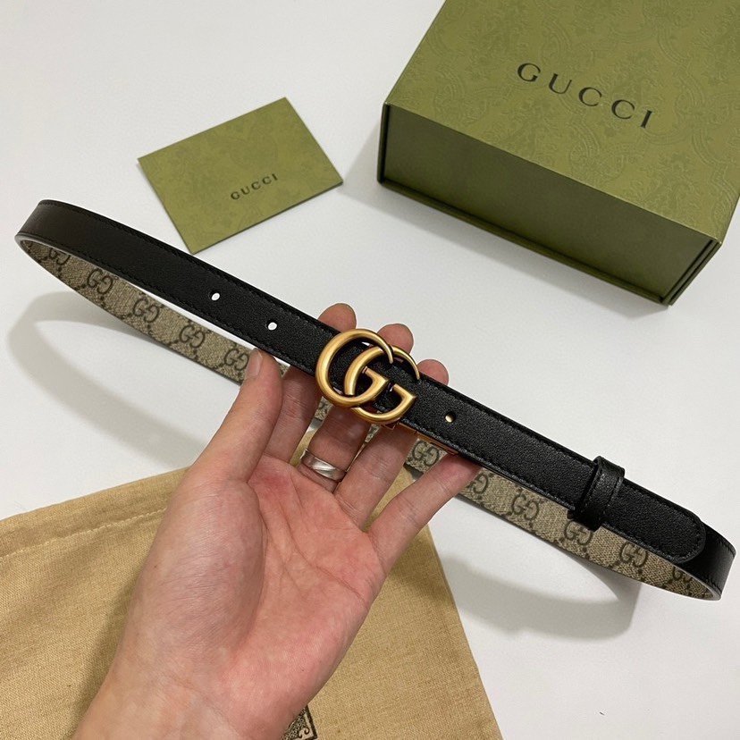 Gucci  92TIC细版2.0cm C老花小牛皮黑色底  原单旋转扣 双面可用/可裁剪