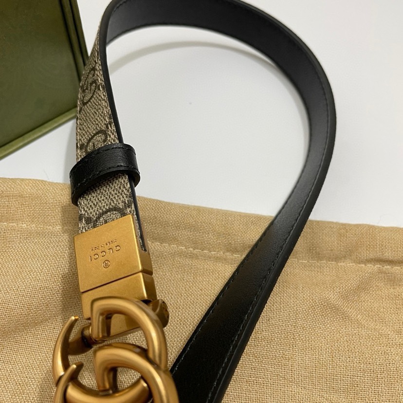 Gucci  92TIC细版2.0cm C老花小牛皮黑色底  原单旋转扣 双面可用/可裁剪
