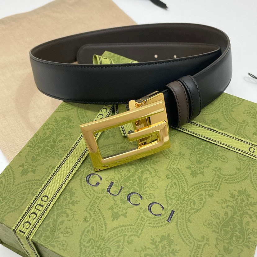 古驰Gucci简约双面小牛皮，黑棕双色细皮纹 宽3.5cm   旋转方形G字扣  双面可用/可裁剪