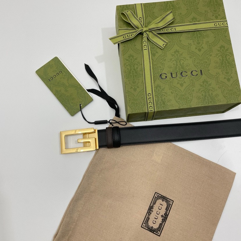 古驰Gucci简约双面小牛皮，黑棕双色细皮纹 宽3.5cm   旋转方形G字扣  双面可用/可裁剪