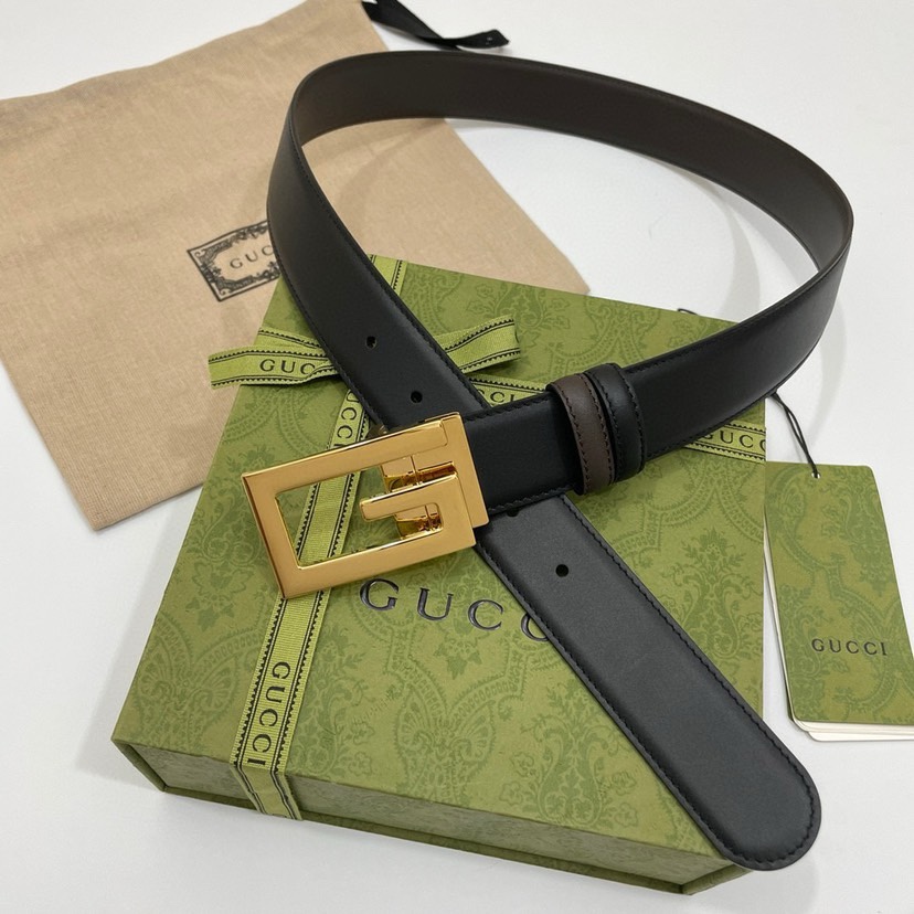 古驰Gucci简约双面小牛皮，黑棕双色细皮纹 宽3.5cm   旋转方形G字扣  双面可用/可裁剪