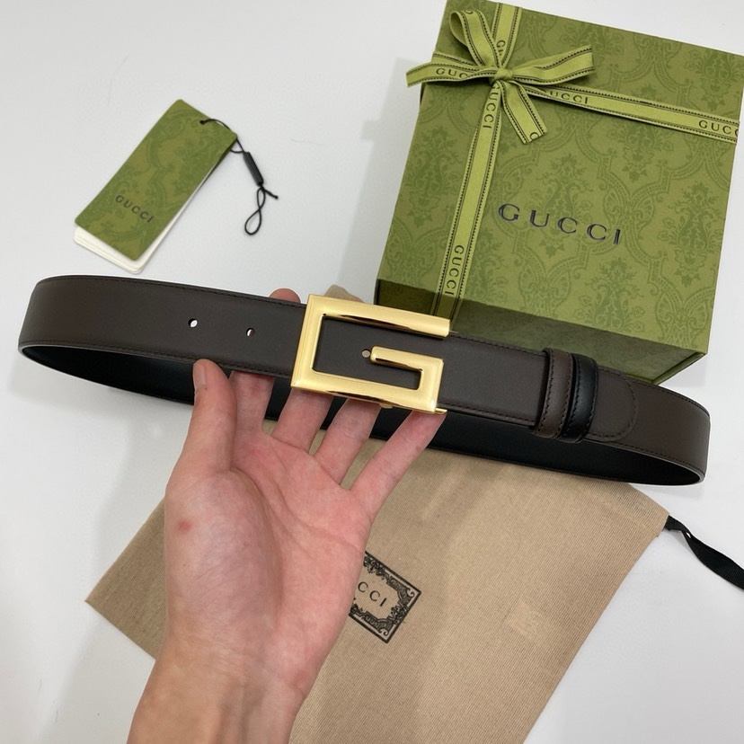 古驰Gucci简约双面小牛皮，黑棕双色细皮纹 宽3.5cm   旋转方形G字扣  双面可用/可裁剪