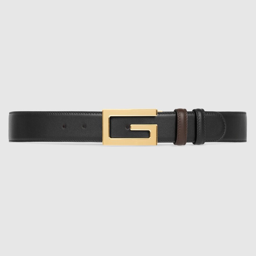 古驰Gucci简约双面小牛皮，黑棕双色细皮纹 宽3.5cm   旋转方形G字扣  双面可用/可裁剪