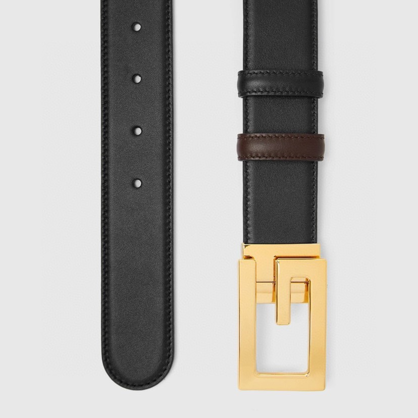 古驰Gucci简约双面小牛皮，黑棕双色细皮纹 宽3.5cm   旋转方形G字扣  双面可用/可裁剪