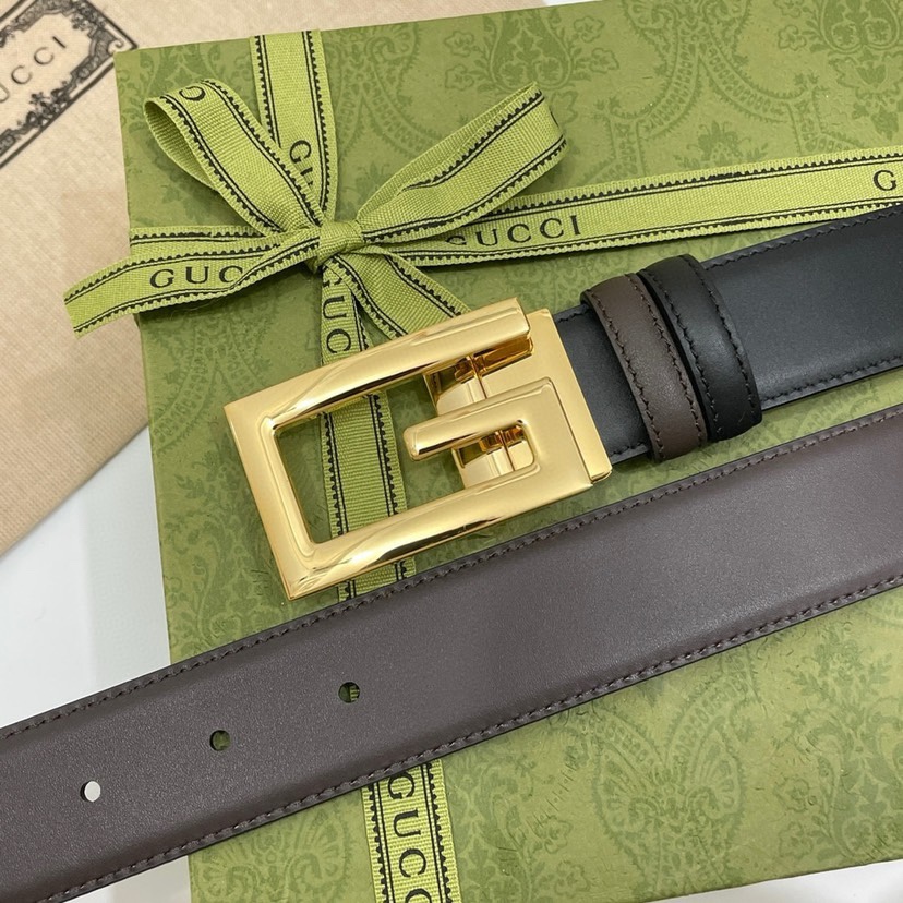 古驰Gucci简约双面小牛皮，黑棕双色细皮纹 宽3.5cm   旋转方形G字扣  双面可用/可裁剪