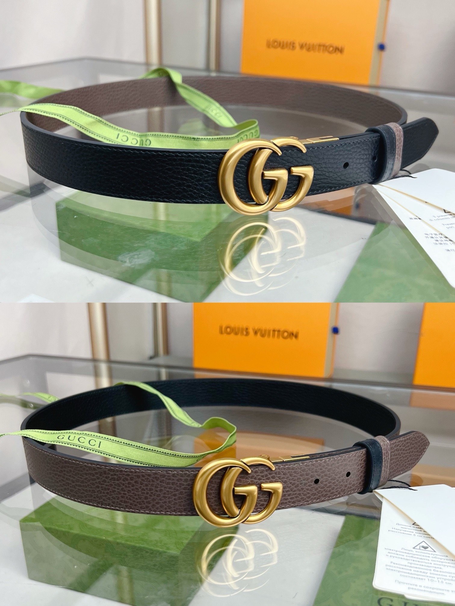 款号 cao2t 1062可逆的黑色和棕色皮带。配件继续走在gucci系列的最前沿，被意想不到的细节和功