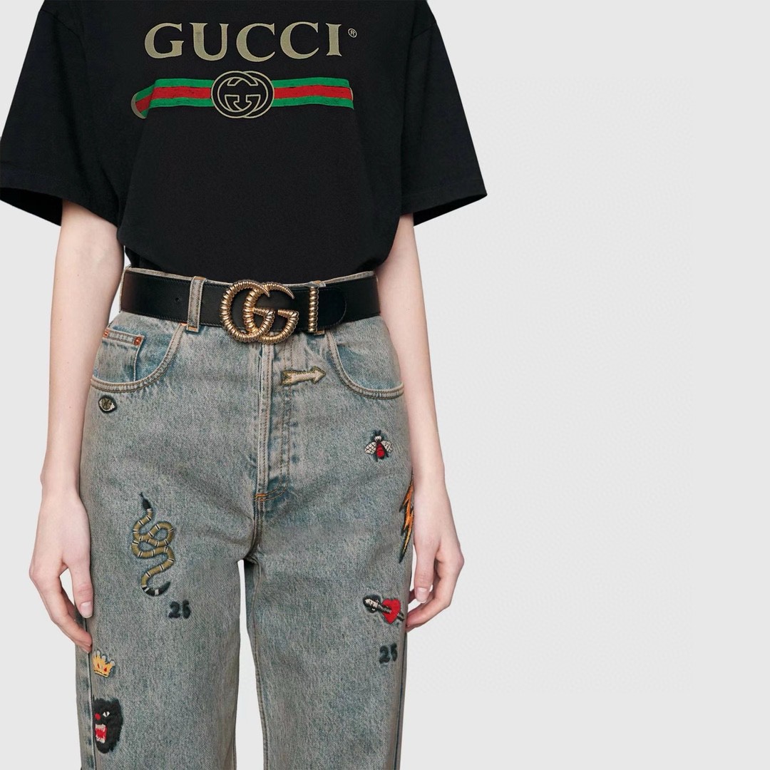Gucci 专柜新版横标 编码•APOOT 双面进口原厂牛皮材质 宽度4.0cm 新款古铜螺丝双G扣