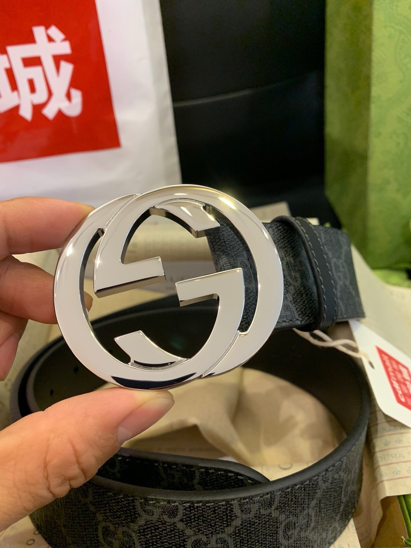 💍古奇 gucci 代购级 黑色防水料黑底 经典款百看不厌 精品大饼扣 双g 4.0宽度