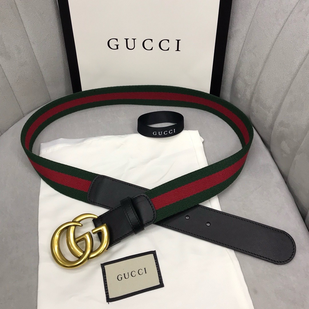 guccci   古奇男款皮带 颜色：黑色，尺寸：3.8cm。带身釆用绿色和红色古驰网带与黑色皮革装饰，