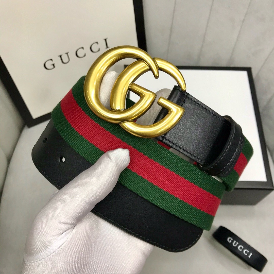 guccci   古奇男款皮带 颜色：黑色，尺寸：3.8cm。带身釆用绿色和红色古驰网带与黑色皮革装饰，