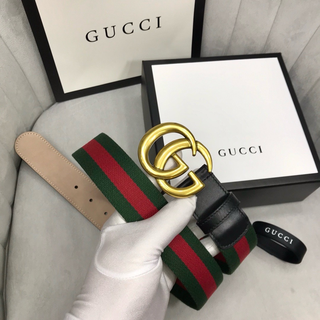 guccci   古奇男款皮带 颜色：黑色，尺寸：3.8cm。带身釆用绿色和红色古驰网带与黑色皮革装饰，