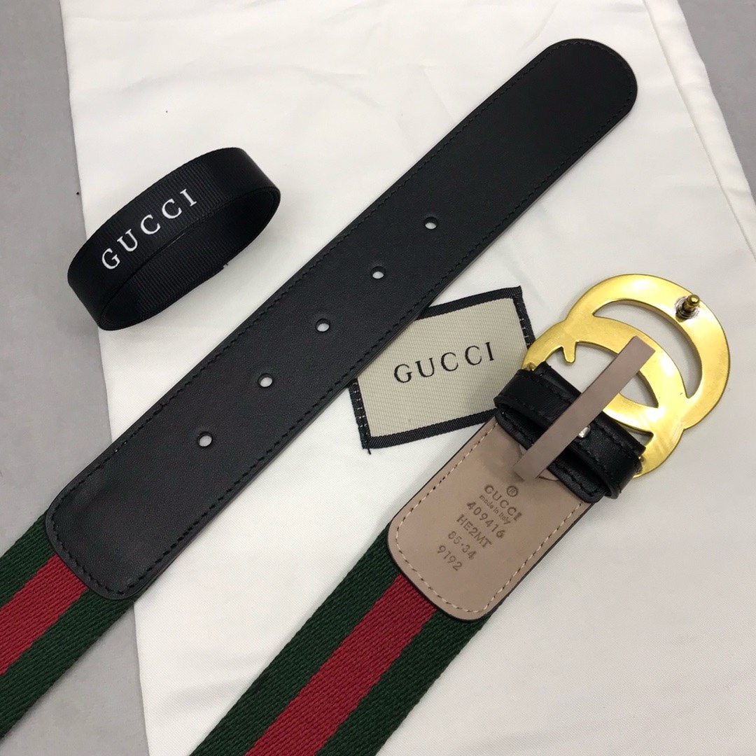 guccci   古奇男款皮带 颜色：黑色，尺寸：3.8cm。带身釆用绿色和红色古驰网带与黑色皮革装饰，