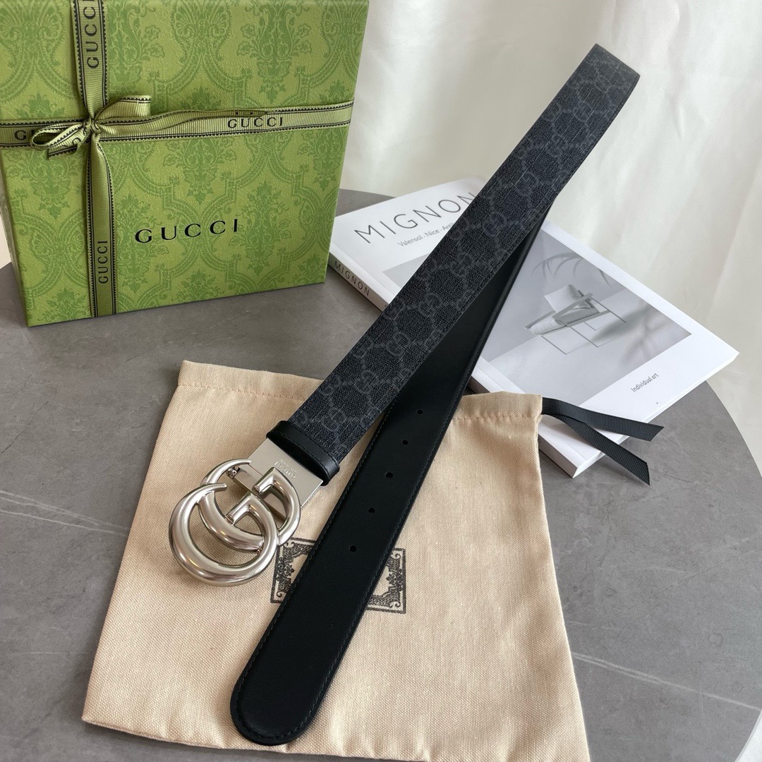 Gucci 编码  92TIN 双面进口原厂牛皮材质 宽度3.7cm 古铜双G旋转扣 双面可用/可裁剪