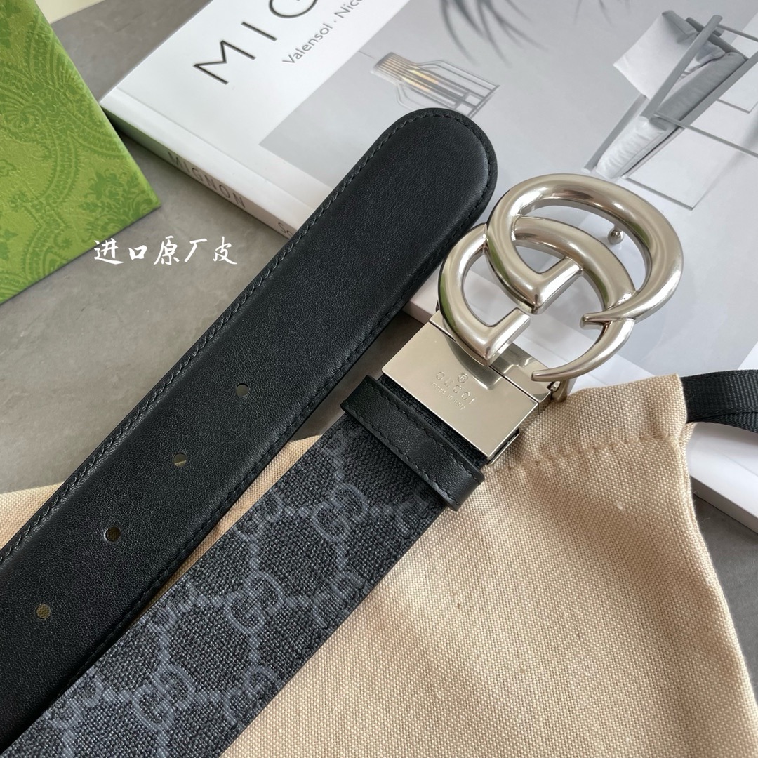 Gucci 编码  92TIN 双面进口原厂牛皮材质 宽度3.7cm 古铜双G旋转扣 双面可用/可裁剪