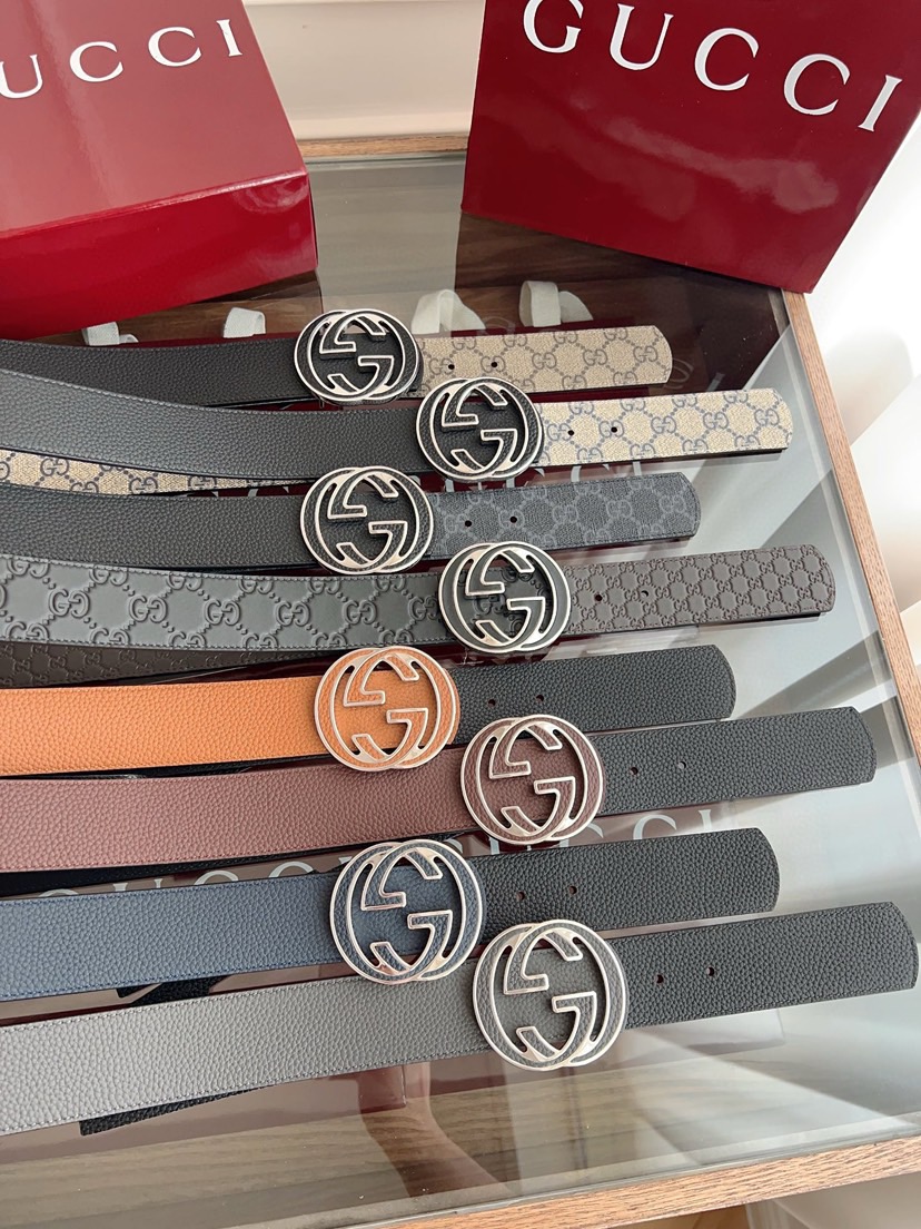 古驰 绝美扣男士新款腰帶 專櫃同步 寬4厘米 帶身帆布黑老花-拼進口荔枝紋黑色 精緻真空電鍍雙G鋼扣 雙