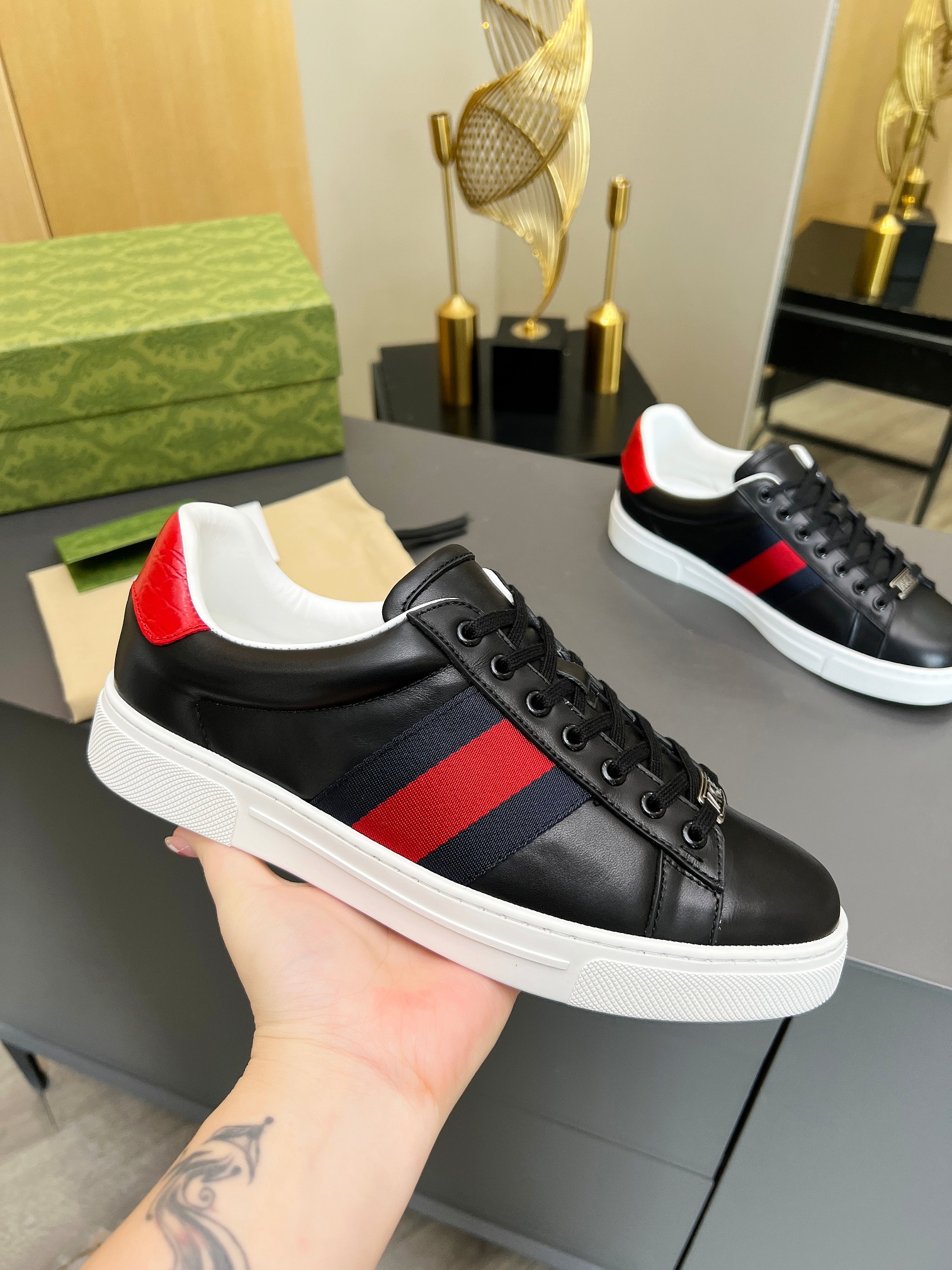 Gucci Skateboard Shoes Sneakers Green Red White Unisex Calfskin Cowhide TPU Low Tops