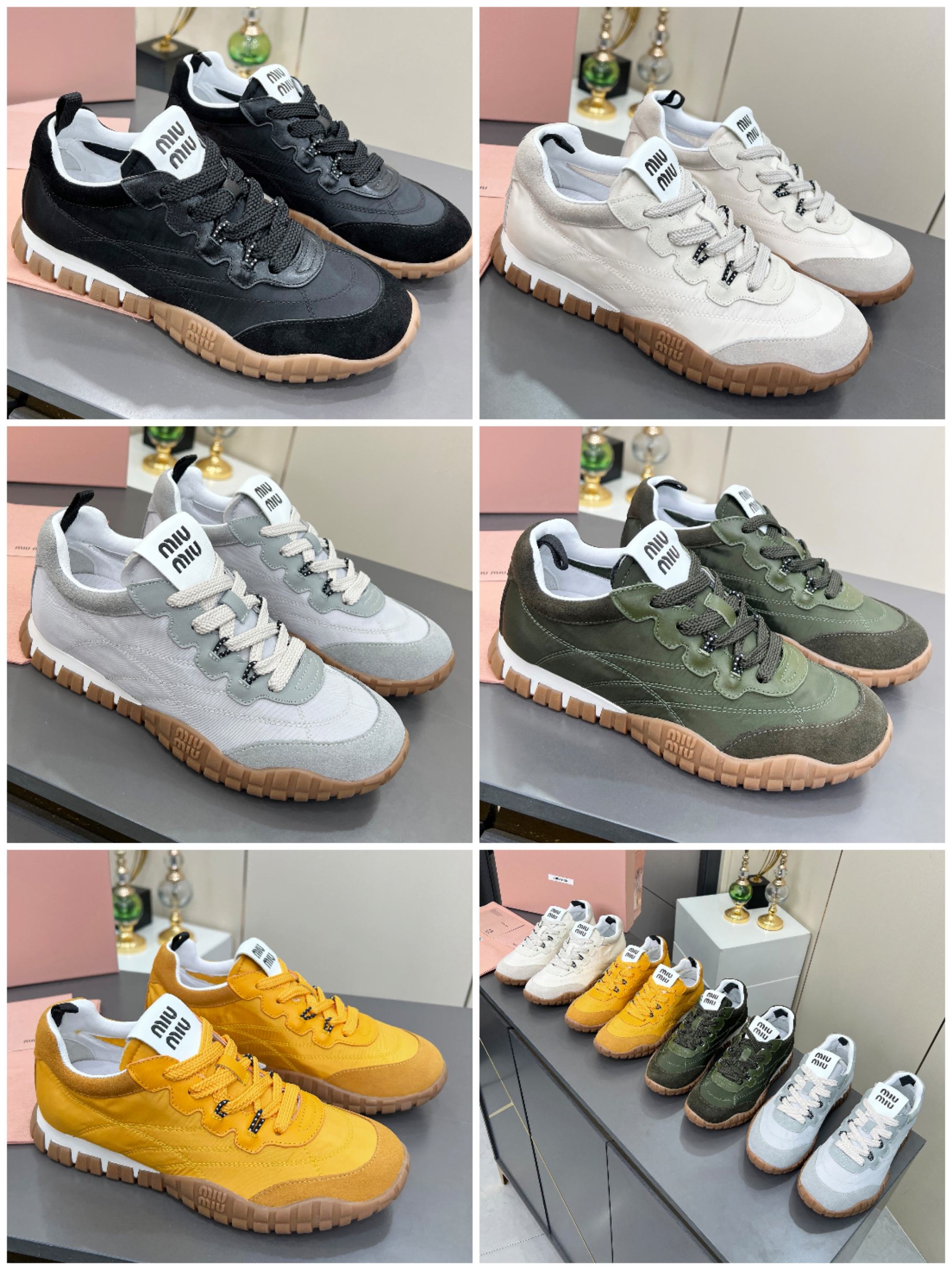 NO:164824,[Collection Picture] Miumiu·Mu Miu 2025 early spring new product technology fabric and velvet calfskin tire sneakers This tire pattern combines elegance and sports functions. The dynamic, flexible and durable rubber sole reminds the pattern of the tire. This sneaker is made of high-tech fabric and suede calfskin, reflecting the bold characteristics of Miu Miu. The miu style is integrated into the simple lines of this tire-sole canvas sneaker. The chic logo is decorated on the tongue and the back, embellished with retro, thick-soled design, bold and innovative avant-garde, and multi-element collision, conveying a modern style, simple and high-end. It is easy to match, and it looks good no matter how you wear it!  Imported silk cloth spliced ​​calfskin inner lining original breathable cloth outsole original wear-resistant tire sole size 35--40, casual shoes/sports shoes, miumiu, sneakers, cowhide19860909【集合图】miumiu·缪缪2025早春新品科技面料和绒 面小牛皮轮胎运动鞋 该轮胎纹底结合了优雅和运动功能.动态、柔韧且耐用的橡胶鞋底让人想起轮胎的图案.该款运动鞋采用高科技面料和绒面小牛皮制成,体现了Miu Miu 的大胆特色. miu风格融于此款轮胎底帆布运动鞋的简约线条 别致徽标饰于鞋舌与背后,点缀复古 厚底设计 大胆创新前卫,多元素对撞,传达现代风格简约高级 随意搭配,怎么穿都好看！ 面料进口丝绸布拼接小牛皮 内里原版透气布里 大底原版耐磨轮胎底 码数35--40,,休闲鞋/运动鞋,miumiu,sneakers,cowhide,Women's Shoes