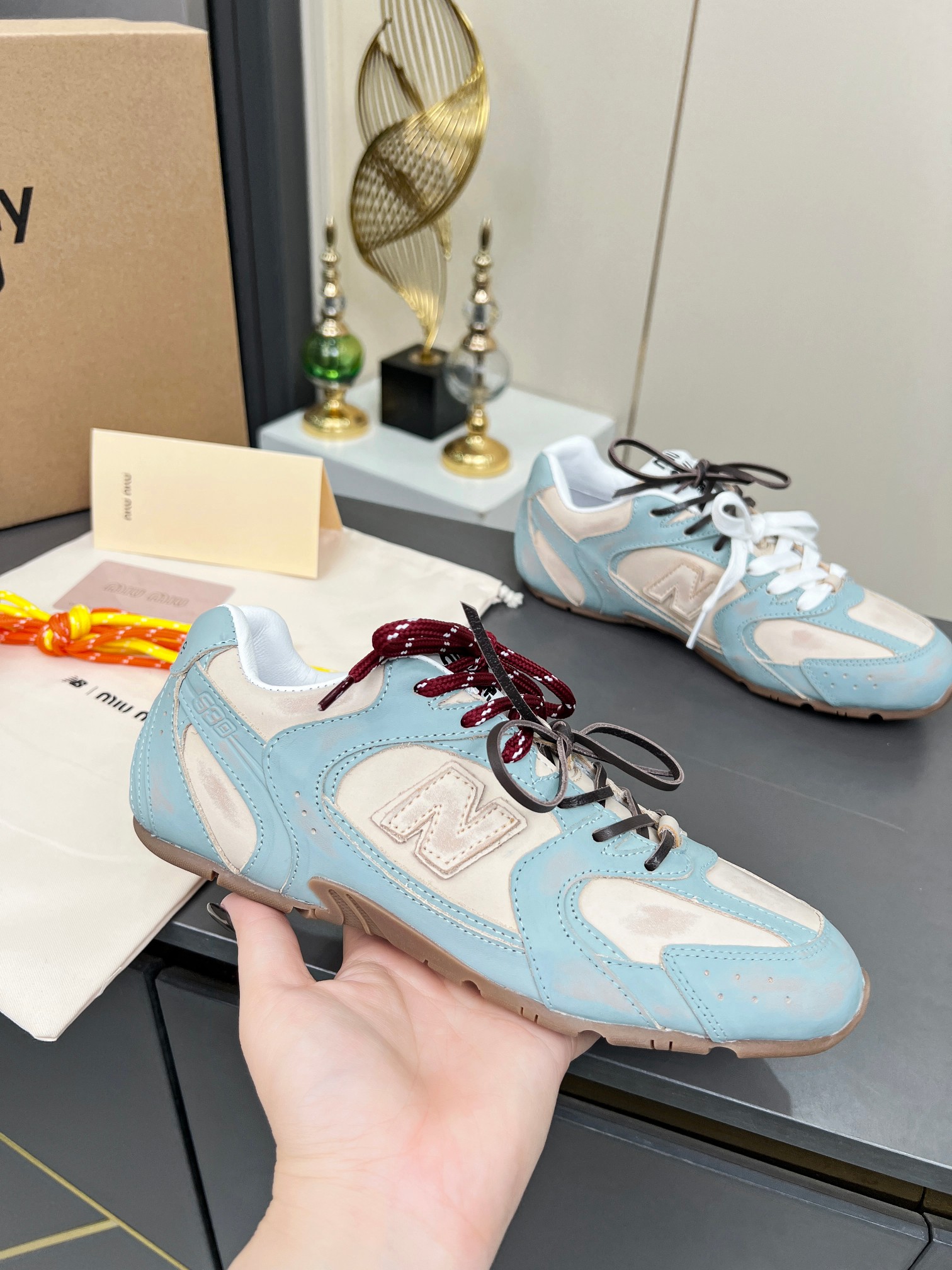Miu Miu x New Balance 530 Sneakers - Light Blue & Beige Leather, Couple Style 1 a1743980640752 0712