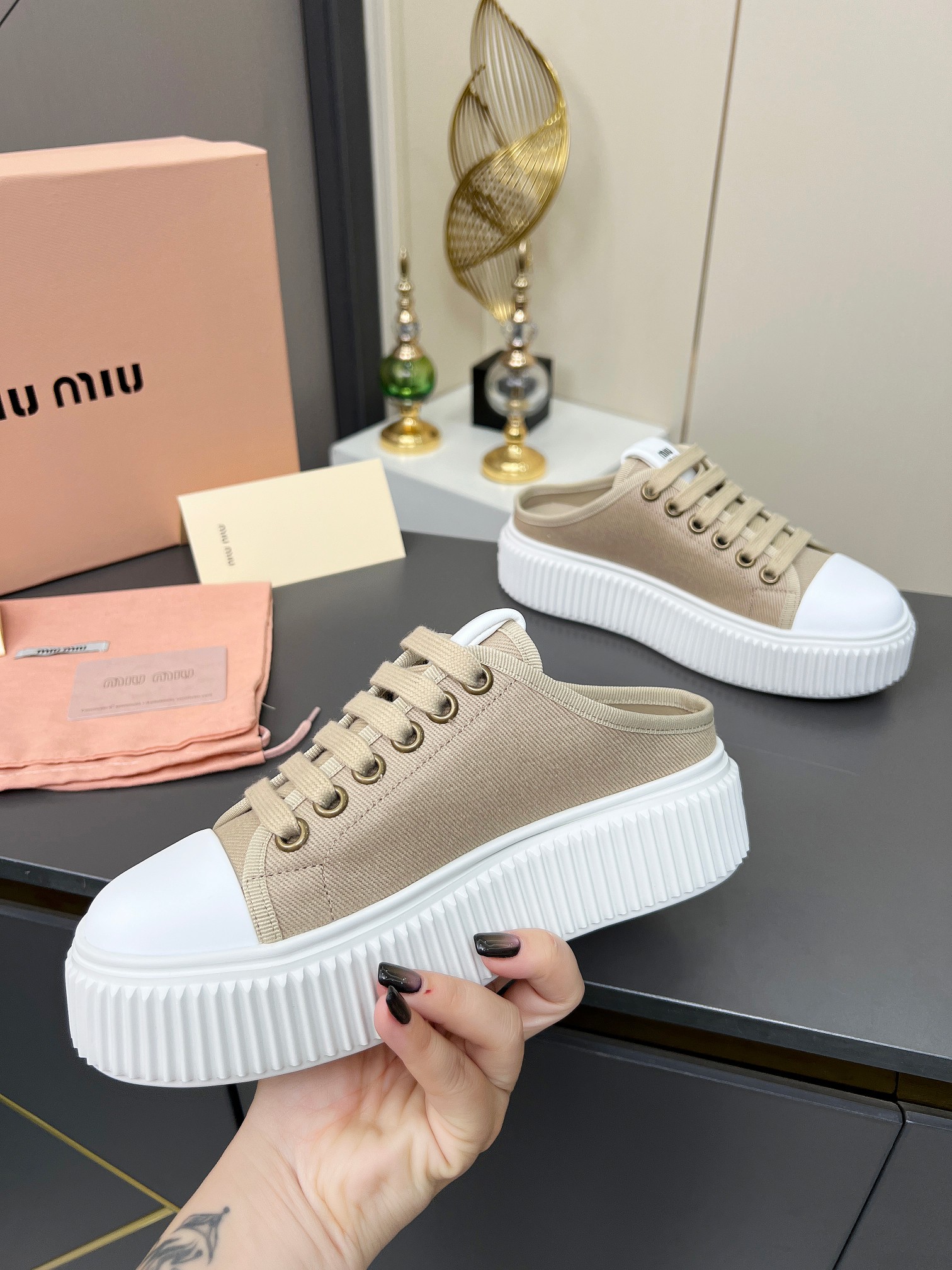 Miu Miu Women's Canvas Platform Sneakers, Casual Lace-Up Shoes 6 a1744307408960 0547