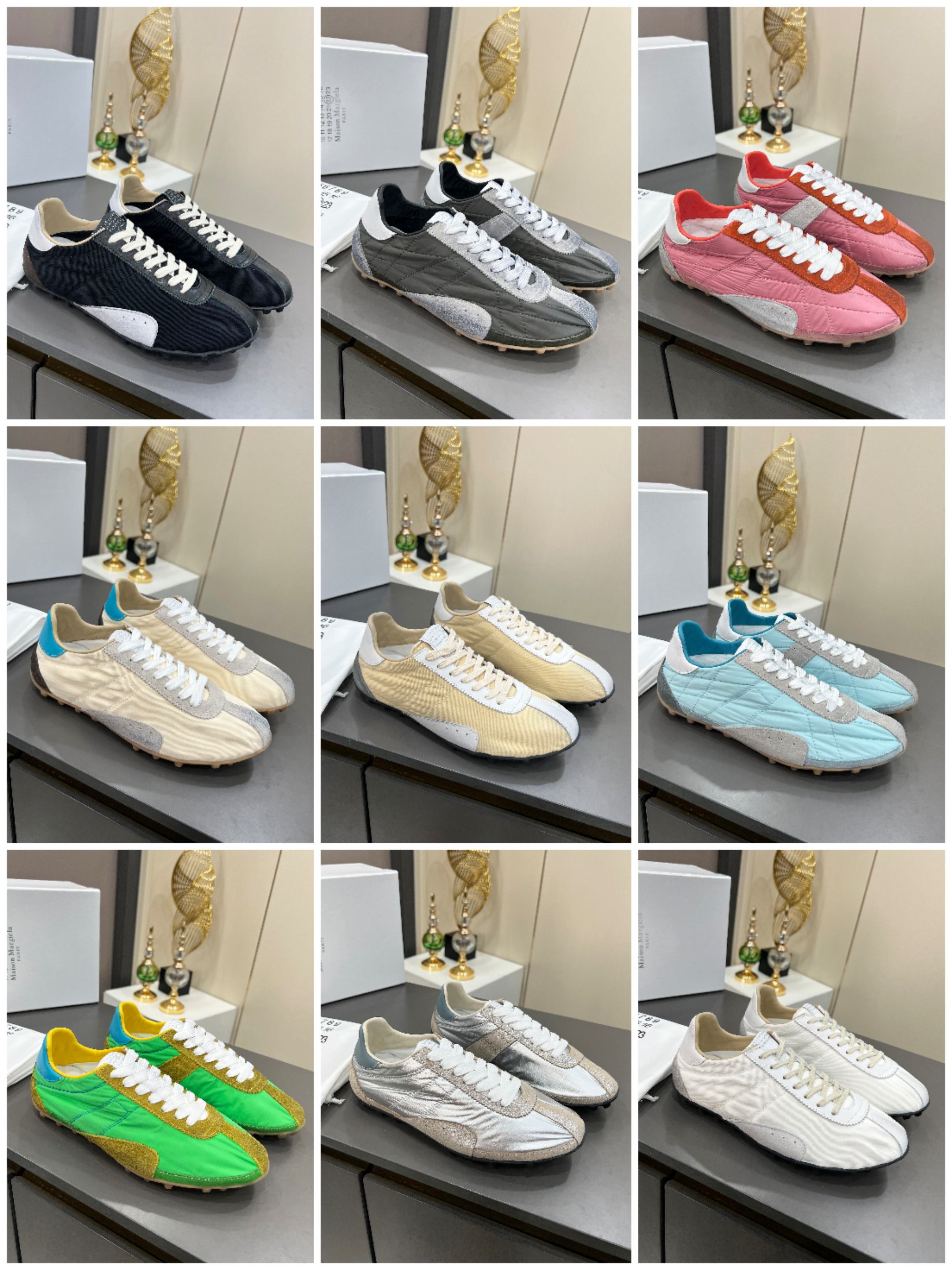 NO:419959,[Collection Picture] High-version 35--45 couples | Dexun casual board shoes and nail shoes Continue the brand's unique deconstructive aesthetics, the new Maison Margiela spring and summer series is on the shelves!  The outline of the new Sprinters sneakers is made of old-fashioned nylon and retro-treated suede, inspired by retro running shoes. Through old-fashioned, stitching, splicing and other processes, it gives the item a new life and beauty. The tongue is decorated with a classic digital logo, paired with an anti-slip nail sole, and the tail is decorated with an iconic white stitching logo, full of craftsmanship (with original packaging) Fabric old-fashioned nylon + suede + cowhide splicing Soft inner soft sheepskin insoles movable latex sheepskin insoles original open mold anti-slip and wear-resistant sole size for women 35--40, size for men 39--45, casual shoes/sports shoes, sneakers, cowhide, sheepskin, chamois leather19860909【集合图】高版本35--45情侣款 ｜德训休闲板鞋钉子鞋 延续品牌独具辨识度的解构主义美学,Maison Margiela 春夏系列新款上架！ 新款Sprinters运动鞋轮廓采用做旧感尼龙与复古处理麂皮制成,灵感来源于复古跑鞋.通过做旧、缝线、拼接等工艺,赋予单品新的生命和美感.舌头饰有经典的数字标志,搭配有防滑的钉状鞋底,鞋尾饰有标志性的白色缝线logo,充满工艺感（配套原版包装） 面料做旧感尼龙+麂皮+牛皮拼接 内里柔软羊皮 鞋垫活动乳胶羊皮鞋垫 鞋底原版开模防滑耐磨底 码数女码35--40, 码数男码39--45,,休闲鞋/运动鞋,sneakers,cowhide,sheepskin,chamois leather,Women's Shoes