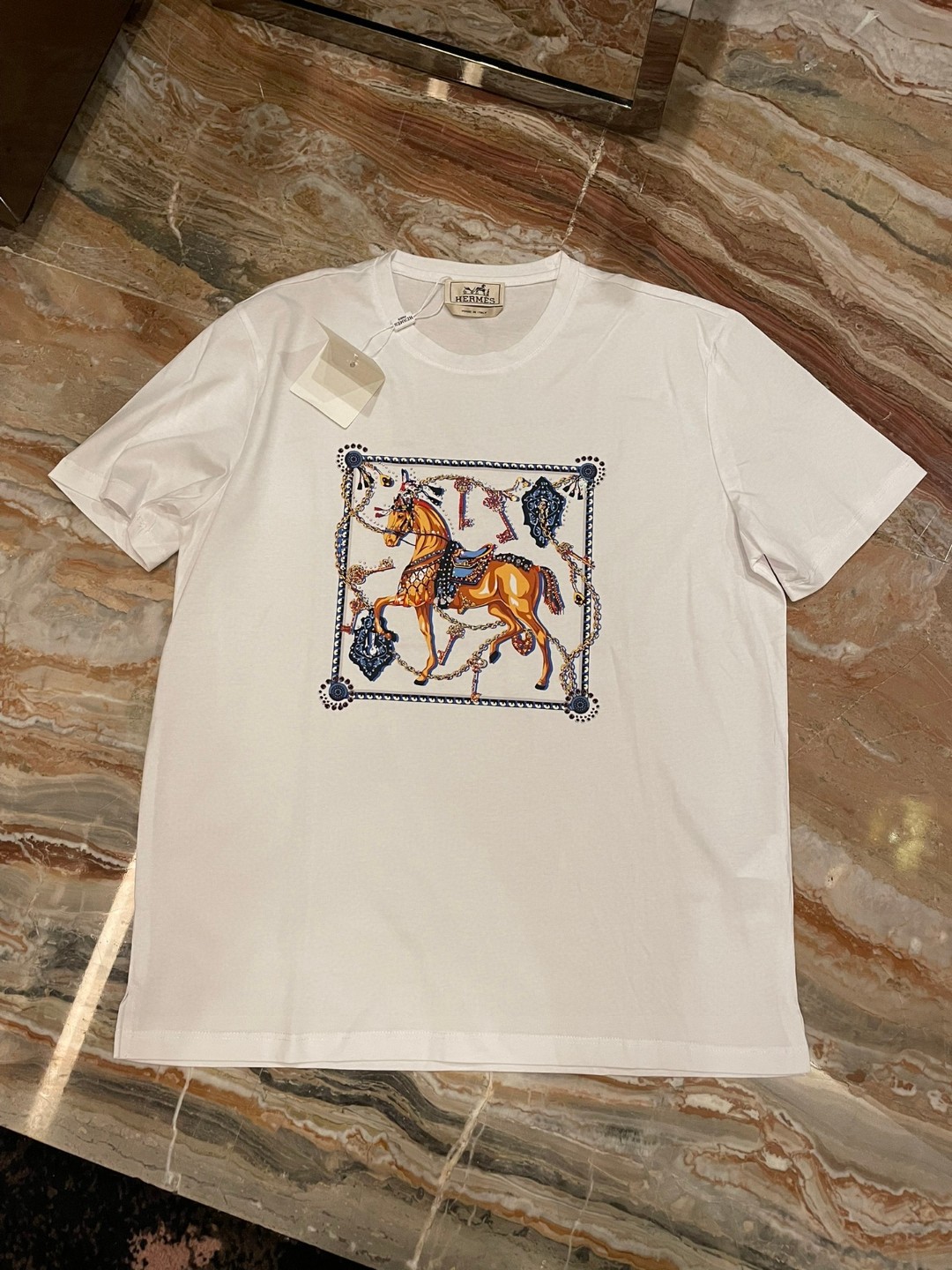 Hermes Vêtements T-Shirt Noir Blanc Hommes Coton mercerisé Fashion Manches courtes