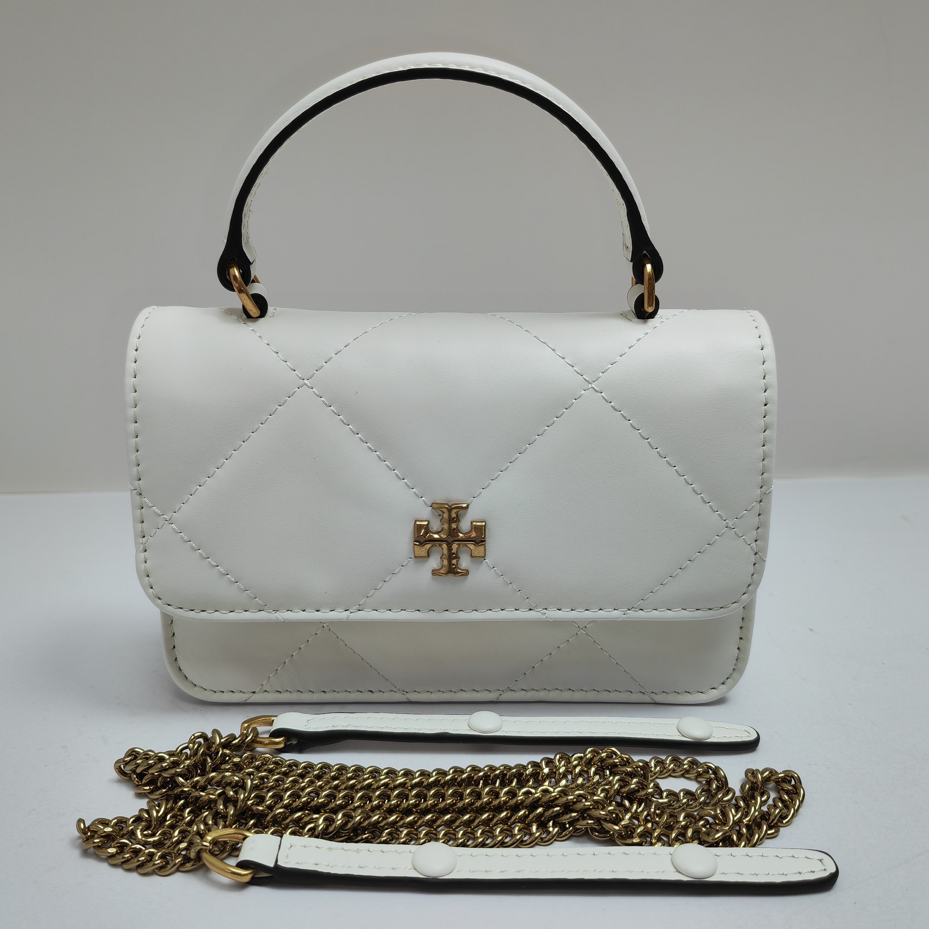 Tory Burch ～ 158326 白色 Kira 菱格纹迷你手提链条钱夹 头层皮质 纵延菱格纹理