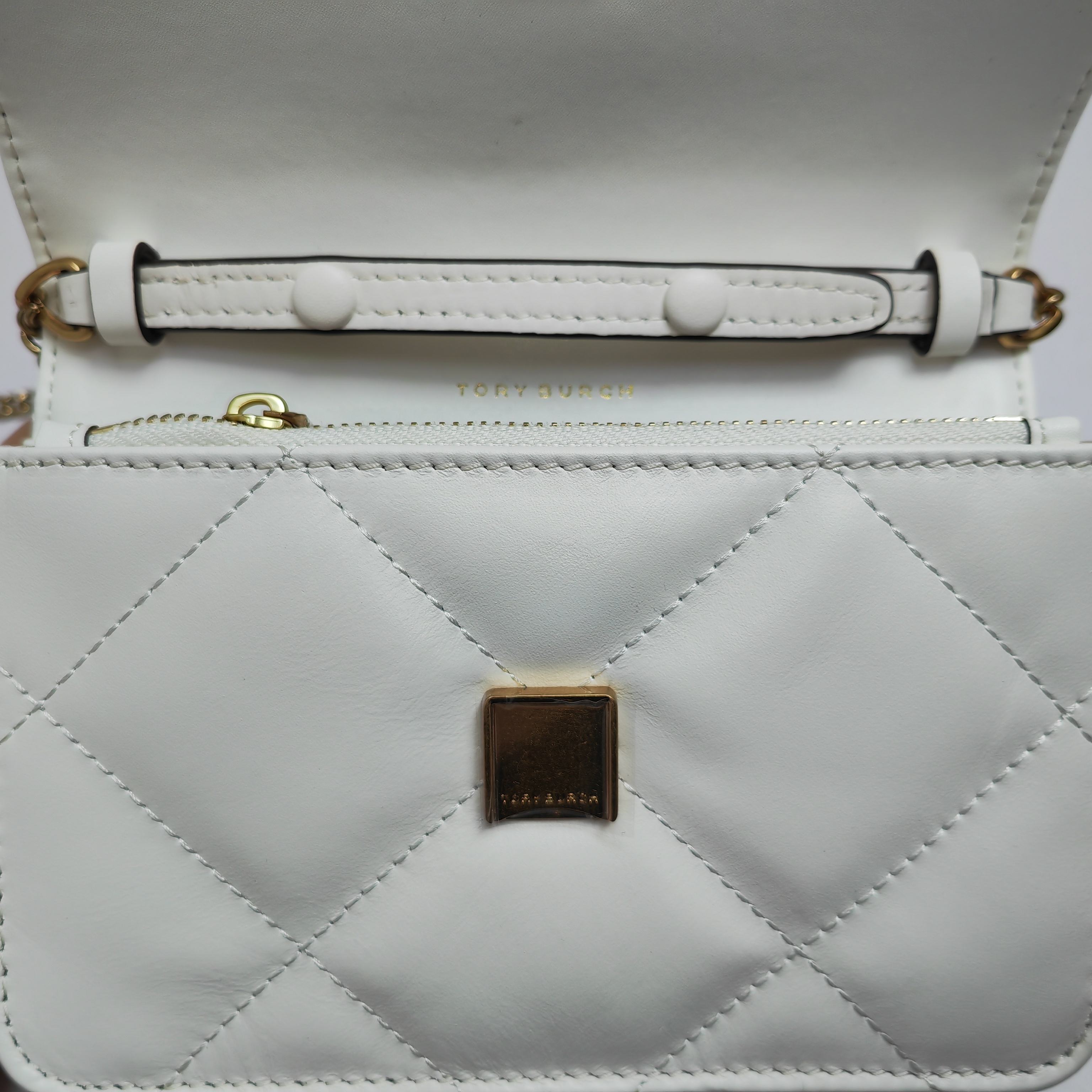 Tory Burch ～ 158326 白色 Kira 菱格纹迷你手提链条钱夹 头层皮质 纵延菱格纹理