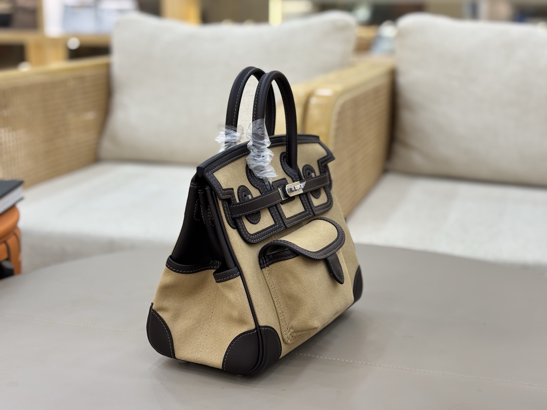 Hermes Cargo 25 Beige canvas and dark brown leather 25cm handbag everyday