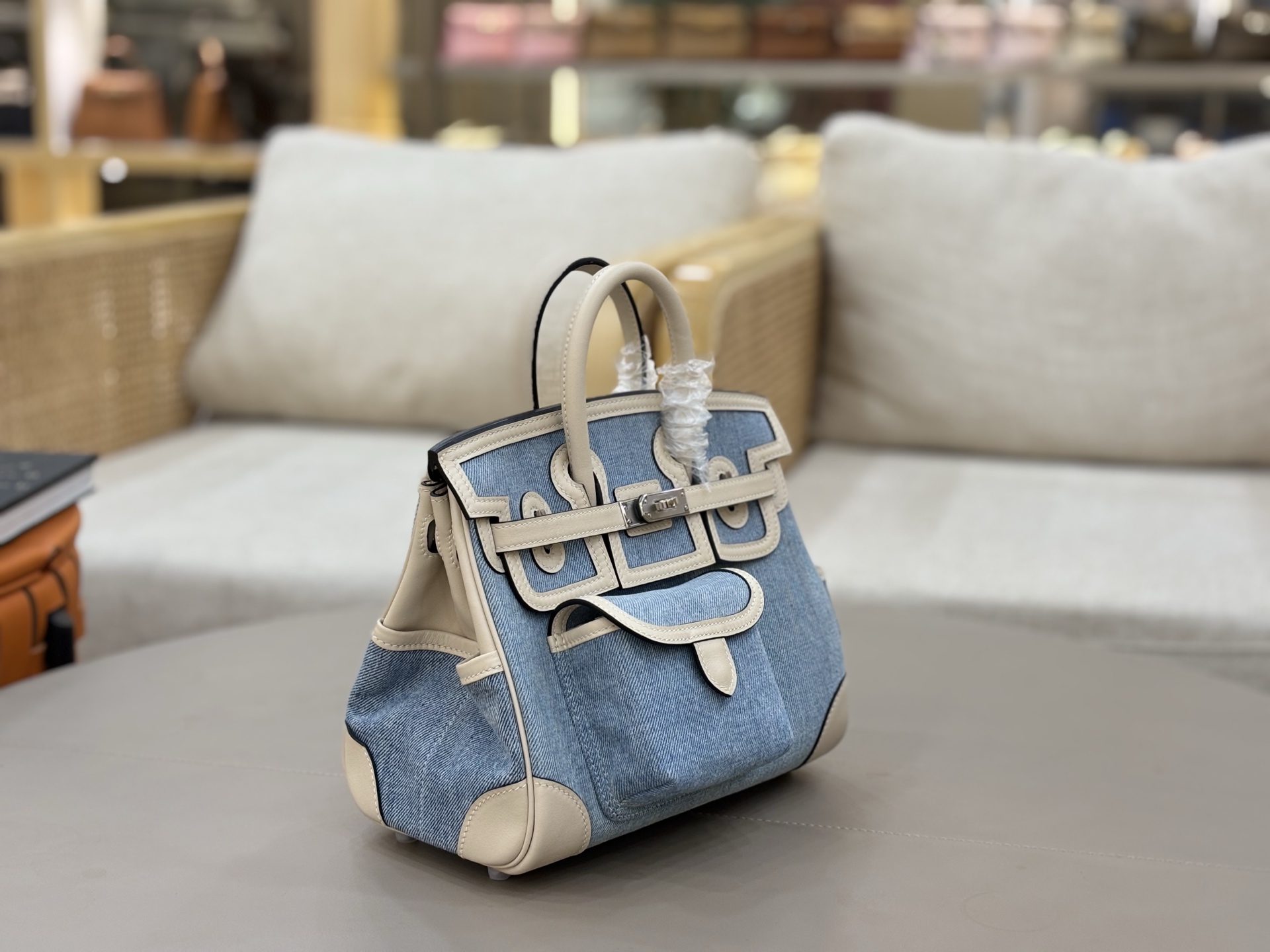 Hermes Cargo 25 Blue denim and beige 25cm handbag everyday