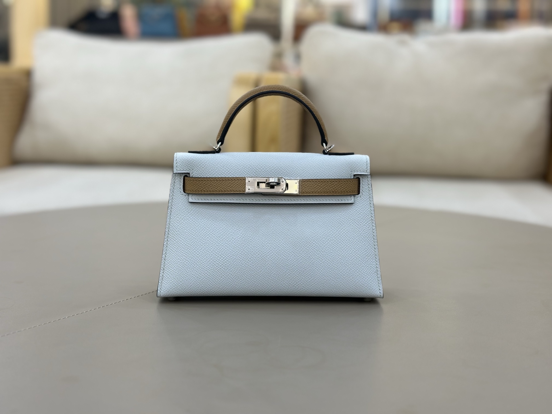 NO:700342,Second Generation Mini Kelly 19cm Esom Leather Holy Grail Blue/Milk Tea Imported Original Leather Waxed Line Full Hand All Steel Hardware Hand Nailed, Hermes, hermes, Hermes,19860909二代Mini Kelly 19cm Esom皮 圣杯蓝/奶茶 进口原厂皮 蜡线全手全钢五金手打钉,爱马仕,hermes,Hermes,,Bag