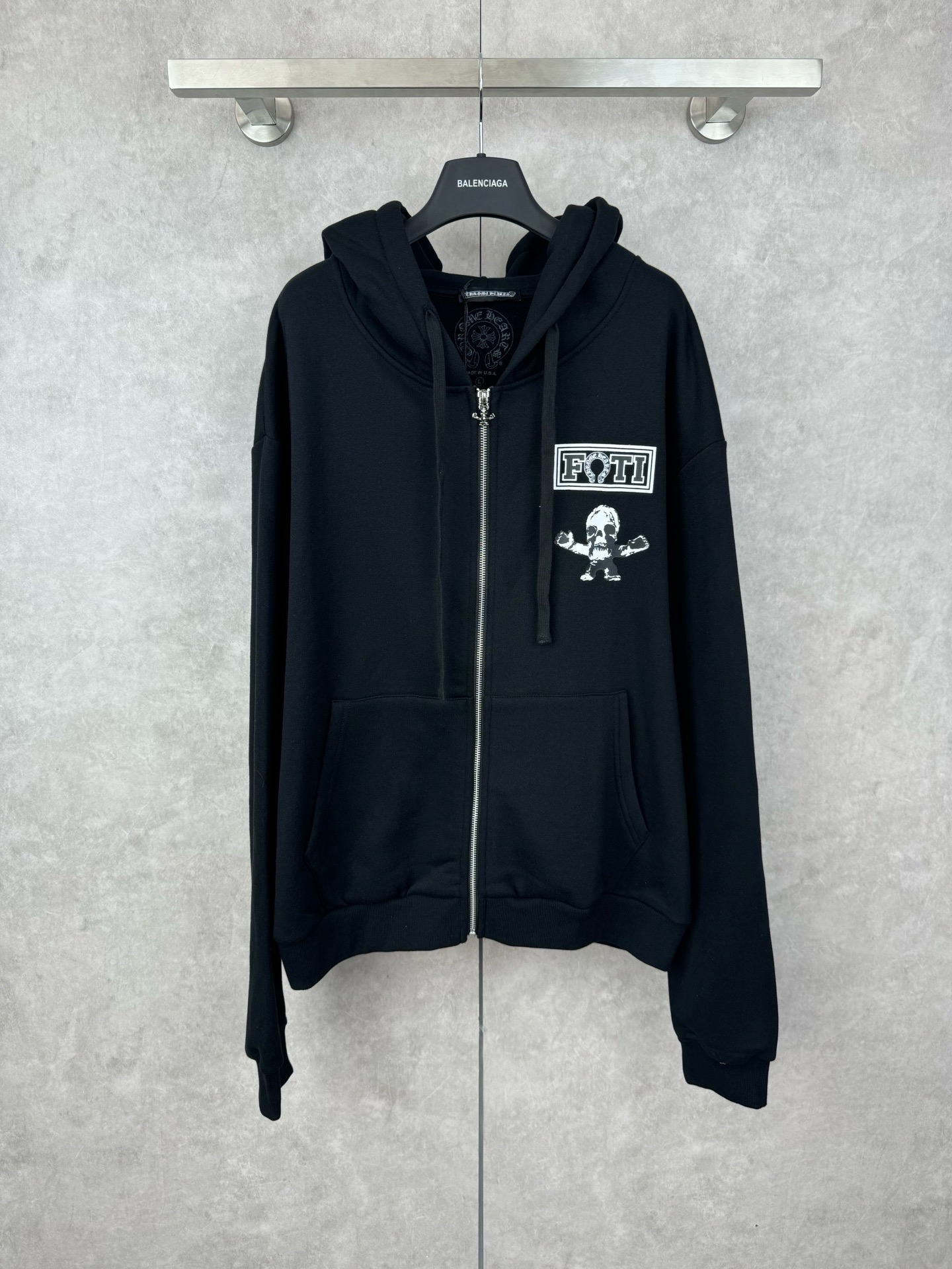 Chrome Hearts Black Cotton Zip-Up Hoodie with Skull Print for Men and Women