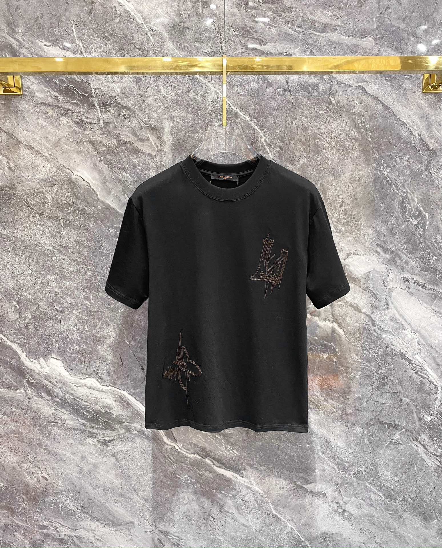 Louis Vuitton Kleding T-Shirt Zwart Wit Borduurwerk Katoen Fashion Korte mouw